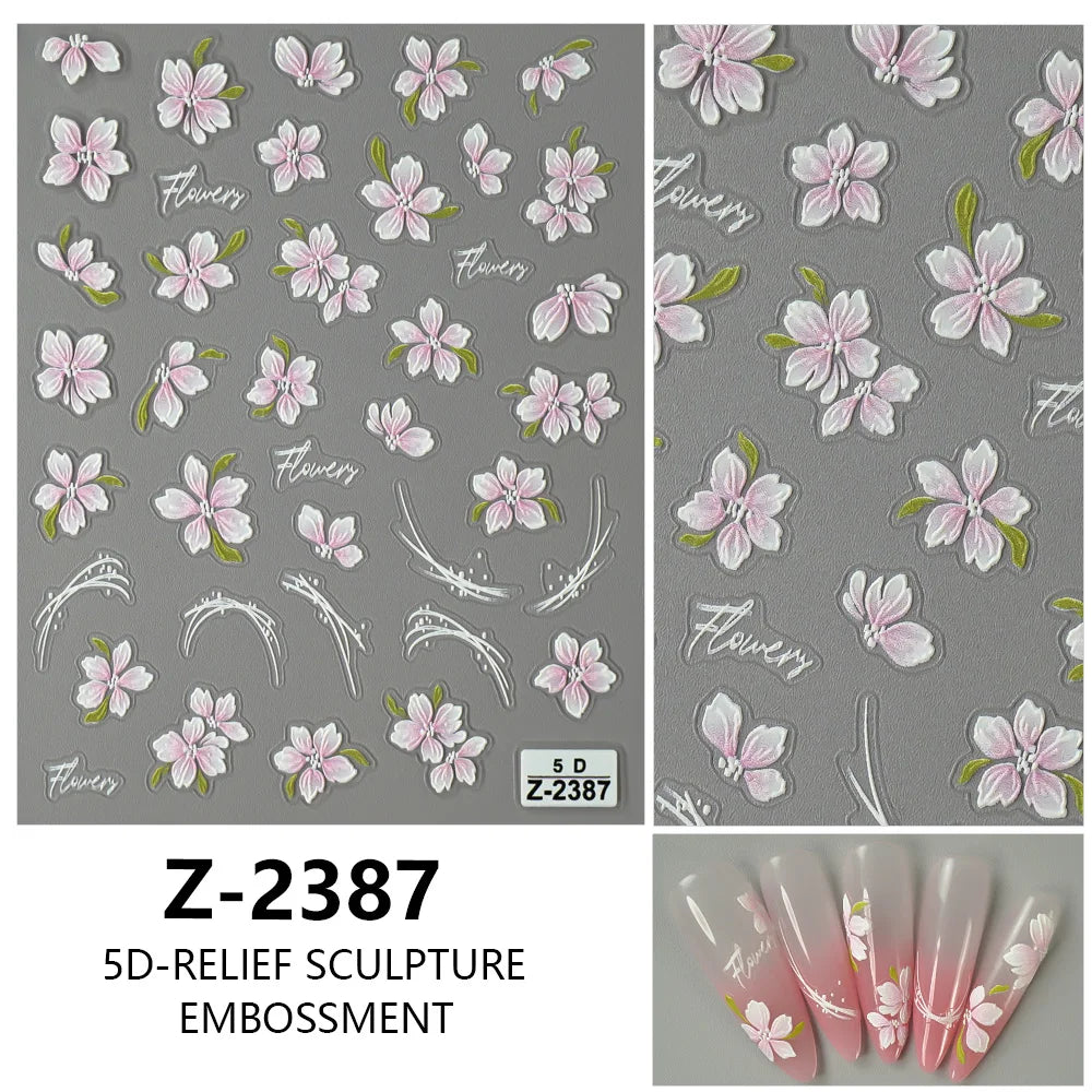 5D Spring Flower Nail Stickers – Embossed Floral Manicure Decals