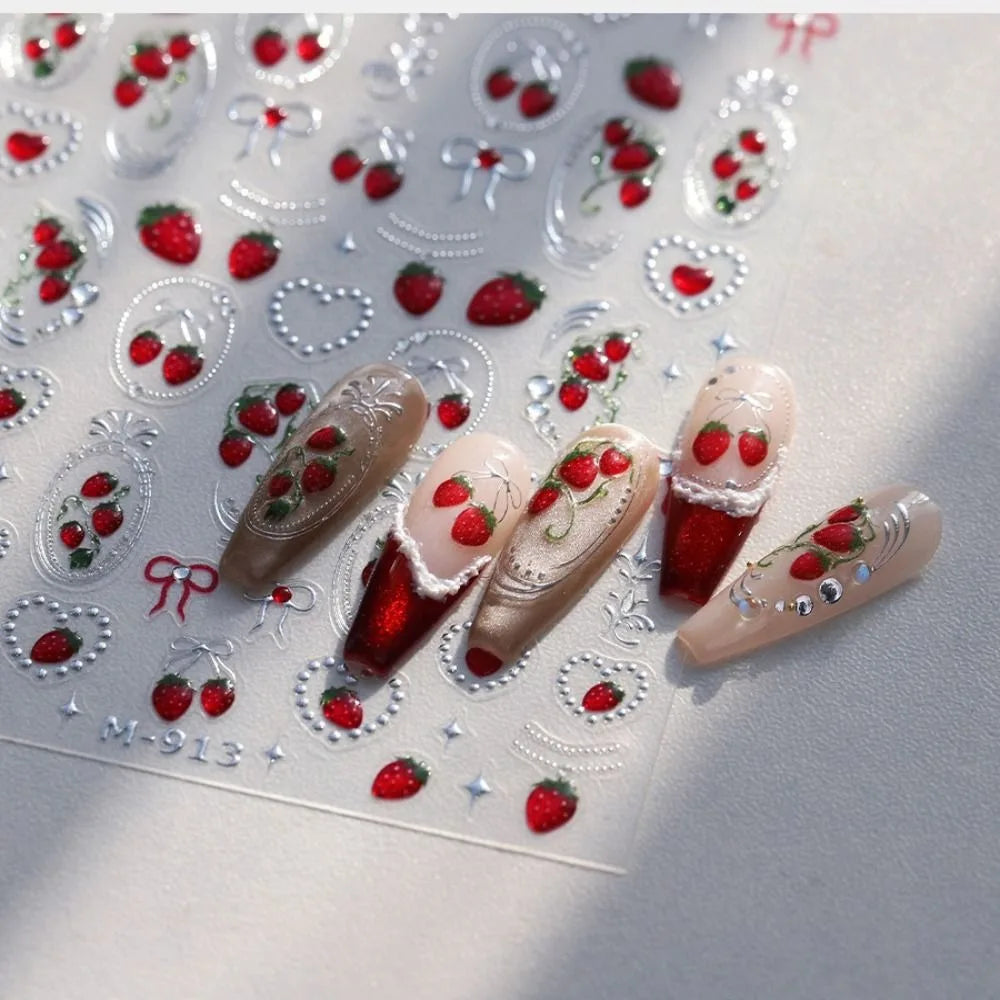 5D Strawberry & Cherry Nail Stickers – DIY Sweet Fruit Manicure Decals