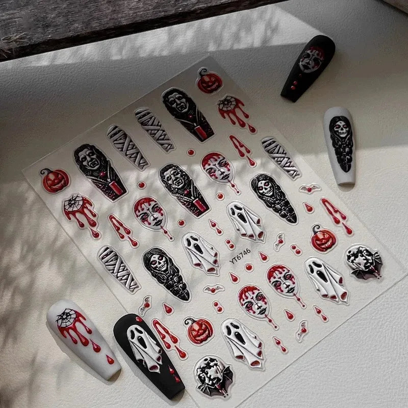 3D Halloween Nail Stickers – Laser Ghost, Spider & Pumpkin Decals