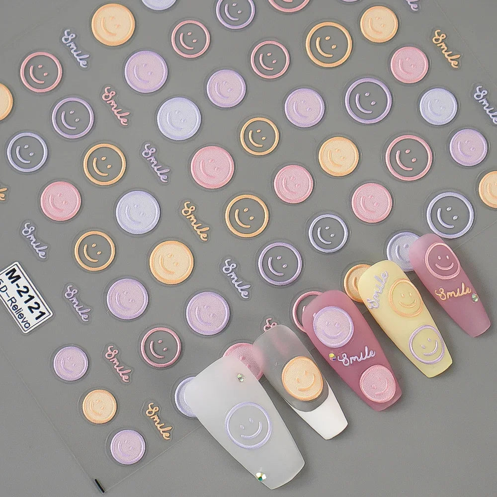 5D Smiley Face Nail Stickers – Embossed Japanese Macaron Decals