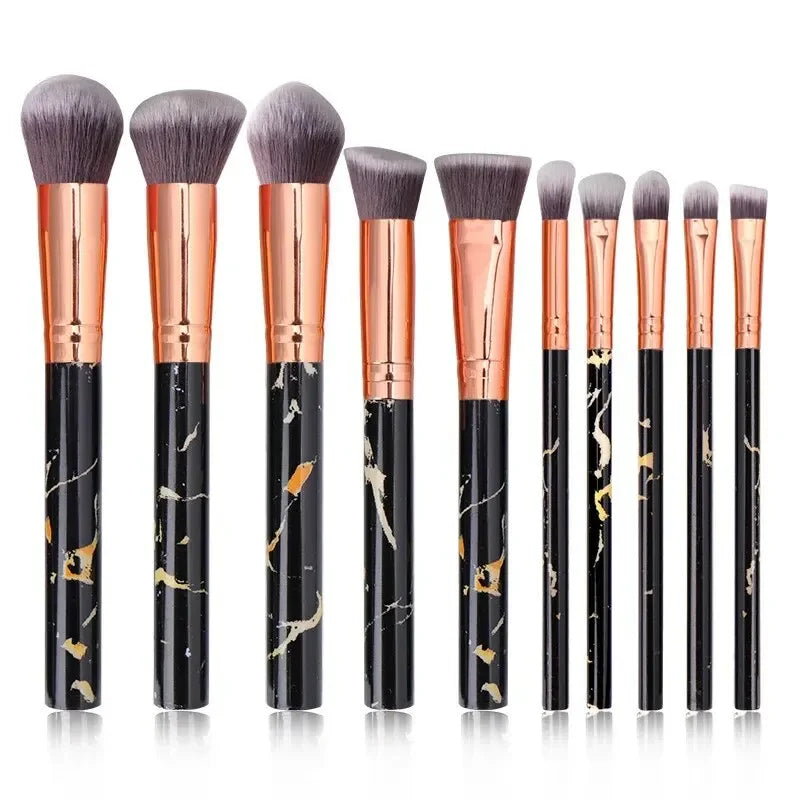 10PCS Marble Makeup Brush Set – Foundation, Blush, Eyeshadow, Eyebrow, Contour, Lip & Face Brushes