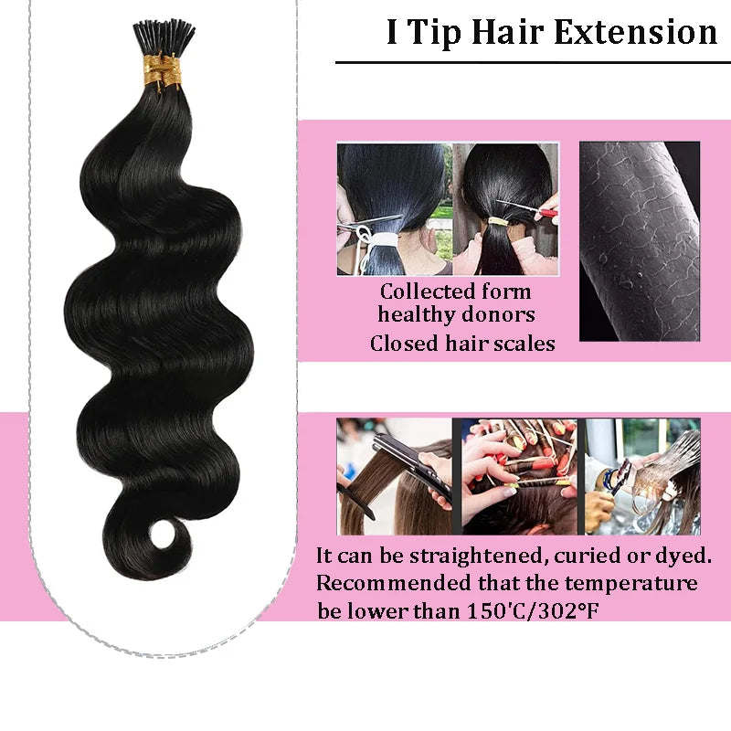 Body Wave I-Tip Brazilian Human Hair Extensions – 1g/Strand, 50 Strands